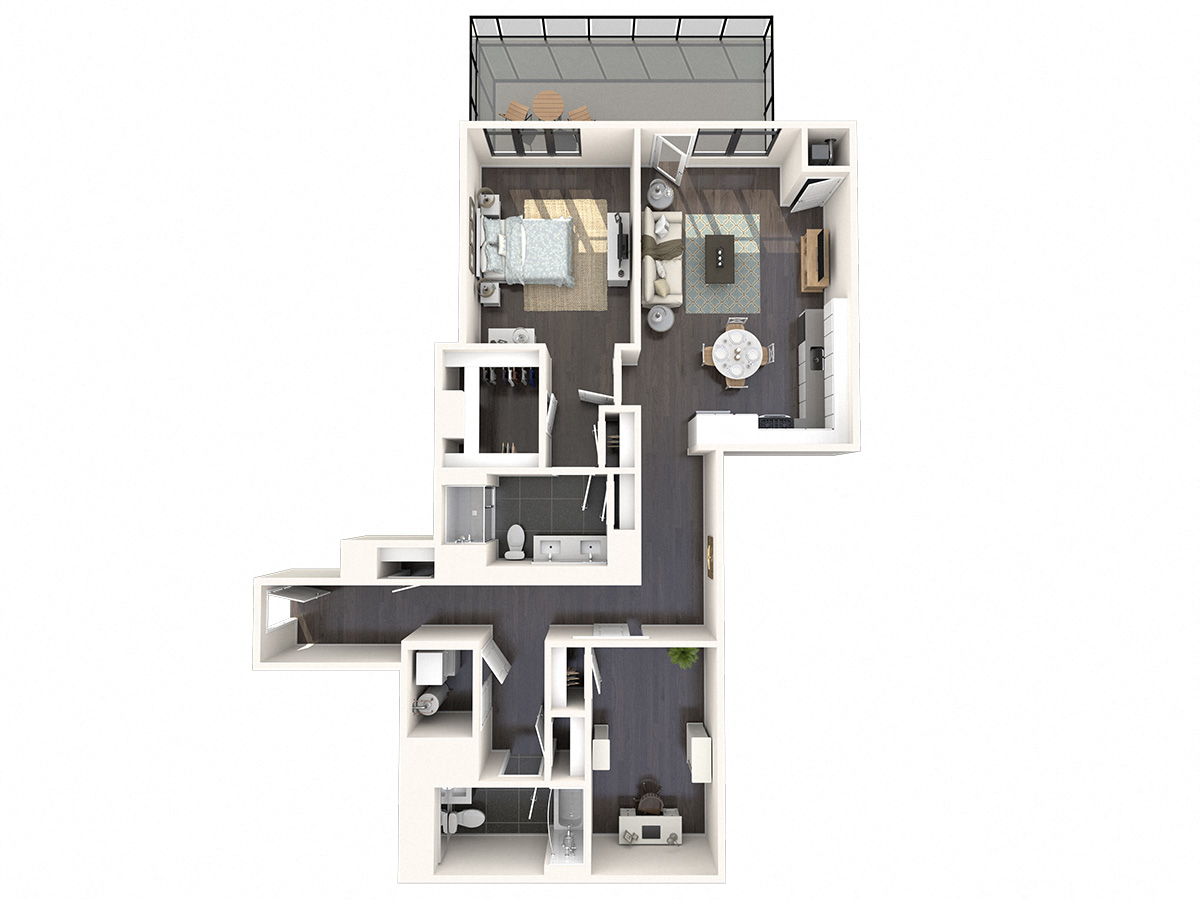Floor plan for 1 bed, 2 baths, 1195 sqft